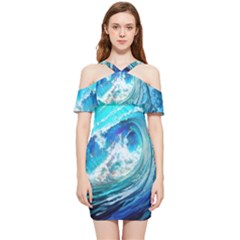Tsunami Waves Ocean Sea Nautical Nature Water Painting Shoulder Frill Bodycon Summer Dress