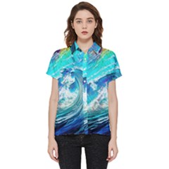 Tsunami Waves Ocean Sea Nautical Nature Water Painting Short Sleeve Pocket Shirt