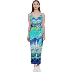 Tsunami Waves Ocean Sea Nautical Nature Water Painting V-Neck Spaghetti Strap Tie Front Jumpsuit