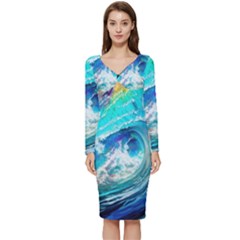 Tsunami Waves Ocean Sea Nautical Nature Water Painting Long Sleeve V-Neck Bodycon Dress 