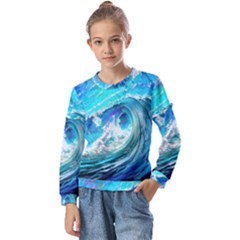 Tsunami Waves Ocean Sea Nautical Nature Water Painting Kids  Long Sleeve Tee with Frill 