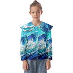 Tsunami Waves Ocean Sea Nautical Nature Water Painting Kids  Peter Pan Collar Blouse