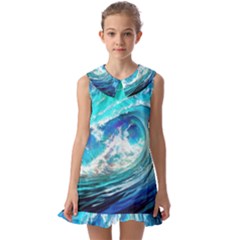 Tsunami Waves Ocean Sea Nautical Nature Water Painting Kids  Pilgrim Collar Ruffle Hem Dress