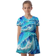 Tsunami Waves Ocean Sea Nautical Nature Water Painting Kids  Short Sleeve Pinafore Style Dress