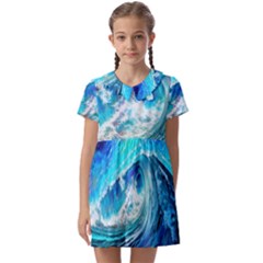 Tsunami Waves Ocean Sea Nautical Nature Water Painting Kids  Asymmetric Collar Dress