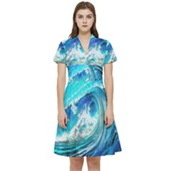 Tsunami Waves Ocean Sea Nautical Nature Water Painting Short Sleeve Waist Detail Dress