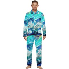 Tsunami Waves Ocean Sea Nautical Nature Water Painting Men s Long Sleeve Velvet Pocket Pajamas Set