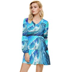 Tsunami Waves Ocean Sea Nautical Nature Water Painting Tiered Long Sleeve Mini Dress