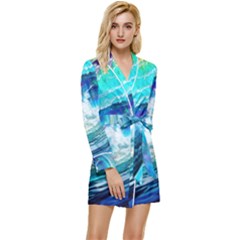 Tsunami Waves Ocean Sea Nautical Nature Water Painting Long Sleeve Satin Robe