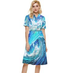 Tsunami Waves Ocean Sea Nautical Nature Water Painting Button Top Knee Length Dress