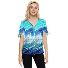 Tsunami Waves Ocean Sea Nautical Nature Water Painting Bow Sleeve Button Up Top