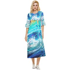 Tsunami Waves Ocean Sea Nautical Nature Water Painting Double Cuff Midi Dress