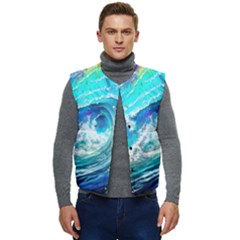 Tsunami Waves Ocean Sea Nautical Nature Water Painting Men s Short Button Up Puffer Vest	