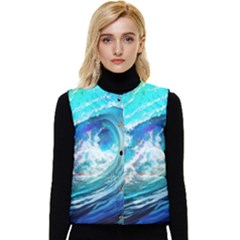 Tsunami Waves Ocean Sea Nautical Nature Water Painting Women s Short Button Up Puffer Vest