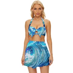 Tsunami Waves Ocean Sea Nautical Nature Water Painting Vintage Style Bikini Top and Skirt Set 
