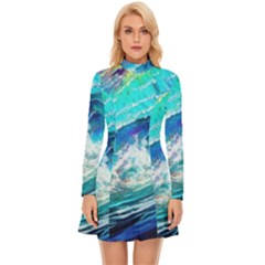 Tsunami Waves Ocean Sea Nautical Nature Water Painting Long Sleeve Velour Longline Dress