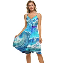 Tsunami Waves Ocean Sea Nautical Nature Water Painting Sleeveless Tie Front Chiffon Dress