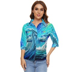 Tsunami Waves Ocean Sea Nautical Nature Water Painting Women s Quarter Sleeve Pocket Shirt