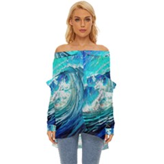 Tsunami Waves Ocean Sea Nautical Nature Water Painting Off Shoulder Chiffon Pocket Shirt