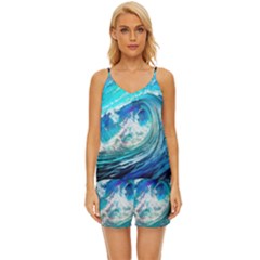 Tsunami Waves Ocean Sea Nautical Nature Water Painting V-Neck Satin Pajamas Set