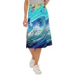 Tsunami Waves Ocean Sea Nautical Nature Water Painting Midi Panel Skirt