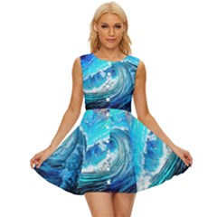 Tsunami Waves Ocean Sea Nautical Nature Water Painting Sleeveless Button Up Dress