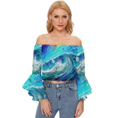 Tsunami Waves Ocean Sea Nautical Nature Water Painting Off Shoulder Flutter Bell Sleeve Top