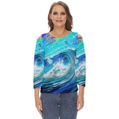 Tsunami Waves Ocean Sea Nautical Nature Water Painting Cut Out Wide Sleeve Top