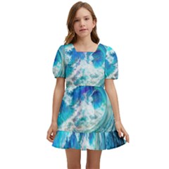 Tsunami Waves Ocean Sea Nautical Nature Water Painting Kids  Short Sleeve Dolly Dress