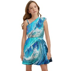 Tsunami Waves Ocean Sea Nautical Nature Water Painting Kids  One Shoulder Party Dress