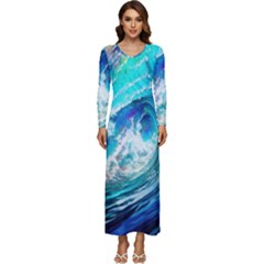 Tsunami Waves Ocean Sea Nautical Nature Water Painting Long Sleeve Longline Maxi Dress