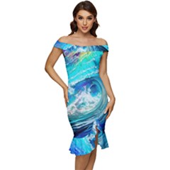 Tsunami Waves Ocean Sea Nautical Nature Water Painting Off Shoulder Ruffle Split Hem Bodycon Dress