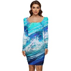 Tsunami Waves Ocean Sea Nautical Nature Water Painting Women Long Sleeve Ruched Stretch Jersey Dress