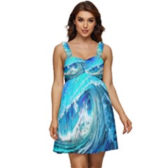 Tsunami Waves Ocean Sea Nautical Nature Water Painting Ruffle Strap Babydoll Chiffon Dress