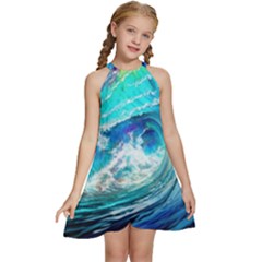 Tsunami Waves Ocean Sea Nautical Nature Water Painting Kids  Halter Collar Waist Tie Chiffon Dress