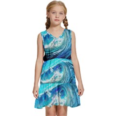 Tsunami Waves Ocean Sea Nautical Nature Water Painting Kids  Sleeveless Tiered Mini Dress