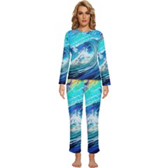 Tsunami Waves Ocean Sea Nautical Nature Water Painting Womens  Long Sleeve Lightweight Pajamas Set