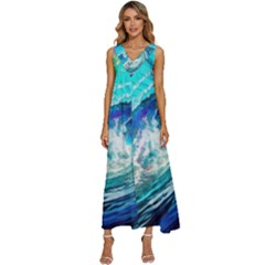 Tsunami Waves Ocean Sea Nautical Nature Water Painting V-Neck Sleeveless Loose Fit Overalls