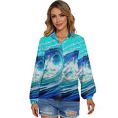 Tsunami Waves Ocean Sea Nautical Nature Water Painting Women s Long Sleeve Button Up Shirt