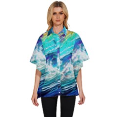Tsunami Waves Ocean Sea Nautical Nature Water Painting Women s Batwing Button Up Shirt