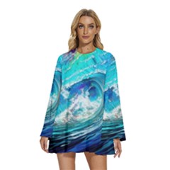 Tsunami Waves Ocean Sea Nautical Nature Water Painting Round Neck Long Sleeve Bohemian Style Chiffon Mini Dress
