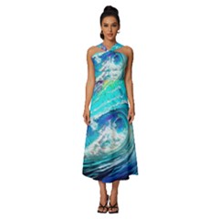 Tsunami Waves Ocean Sea Nautical Nature Water Painting Sleeveless Cross Front Cocktail Midi Chiffon Dress