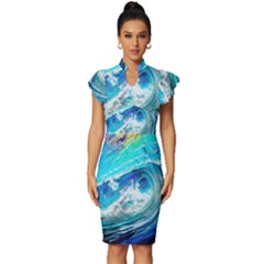 Tsunami Waves Ocean Sea Nautical Nature Water Painting Vintage Frill Sleeve V-neck Bodycon Dress