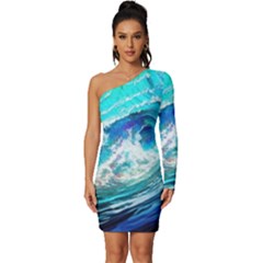 Tsunami Waves Ocean Sea Nautical Nature Water Painting Long Sleeve One Shoulder Mini Dress