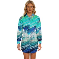 Tsunami Waves Ocean Sea Nautical Nature Water Painting Womens Long Sleeve Shirt Dress