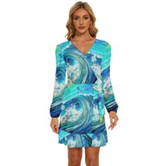 Tsunami Waves Ocean Sea Nautical Nature Water Painting Long Sleeve Waist Tie Ruffle Velvet Dress