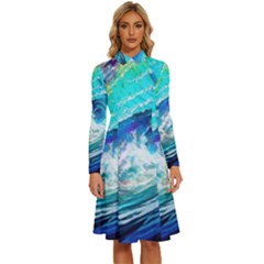 Tsunami Waves Ocean Sea Nautical Nature Water Painting Long Sleeve Shirt Collar A-Line Dress