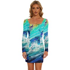 Tsunami Waves Ocean Sea Nautical Nature Water Painting Long Sleeve Square Neck Bodycon Velvet Dress