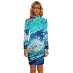 Tsunami Waves Ocean Sea Nautical Nature Water Painting Long Sleeve Shirt Collar Bodycon Dress