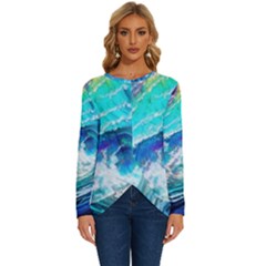 Tsunami Waves Ocean Sea Nautical Nature Water Painting Long Sleeve Crew Neck Pullover Top